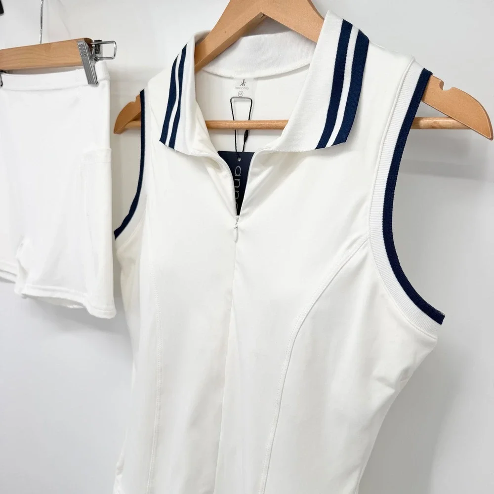 Anna-Kaci Tennis Dress & Shorts Set White Navy Pleated Athletic Golf Medium NWT